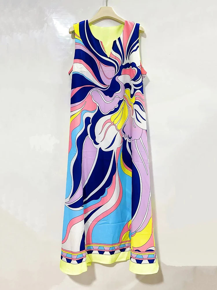 2026 Summer Women's Clothing Retro Geometric Print V-neck Pullover Sleeveless Dress Fashion Loose Large Size A-Line Tank Top