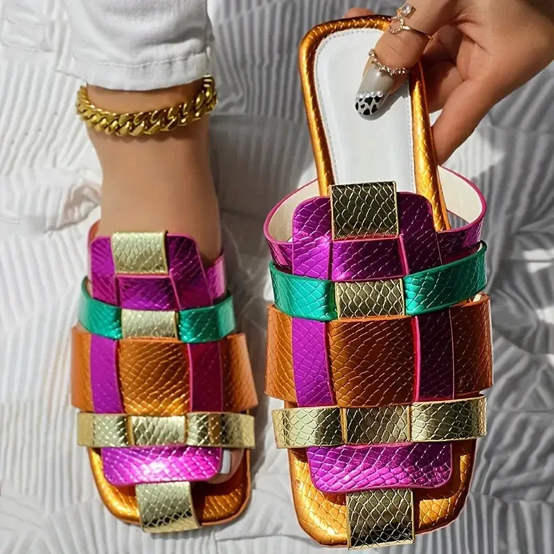 Summer Colorful Fashionable Sexy Casual Soft Luxurious Square Toe Hollow Roman Flat Shoes Model Vacation Comfortable Slippers