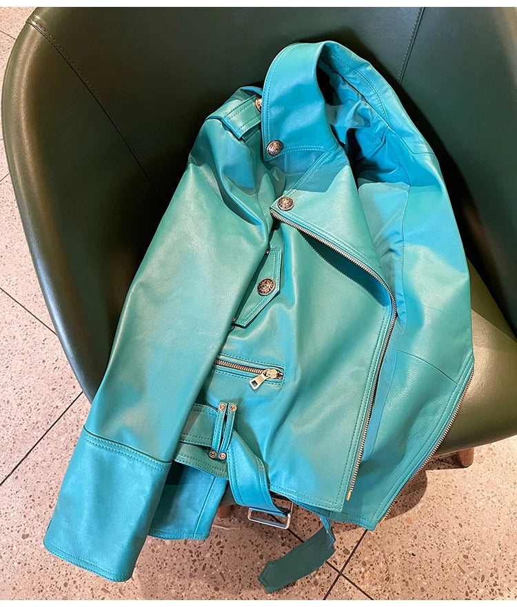 Lautaro Spring Autumn Cool Bright Green Pu Leather Biker Jacket Women Zipper Long Sleeve Luxury Designer Streetwear Fashion 2022