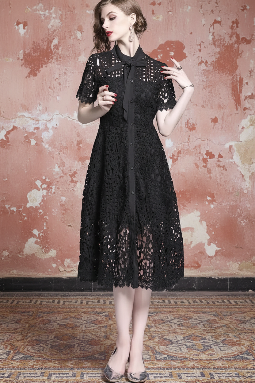 Summer Women Lace Sweet Sexy Dress Hollow Out Half High Collar Short Sleeve Single-breasted High Waist Slim Vintage Midi Dresses