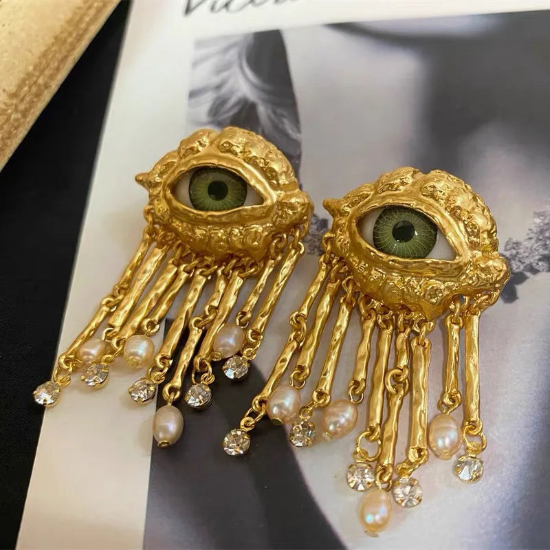 French Retro Unique Personality Exaggerated Eyes And Earrings Pearl Rhinestone Tassel Earrings Women's Jewelry Party Accessories