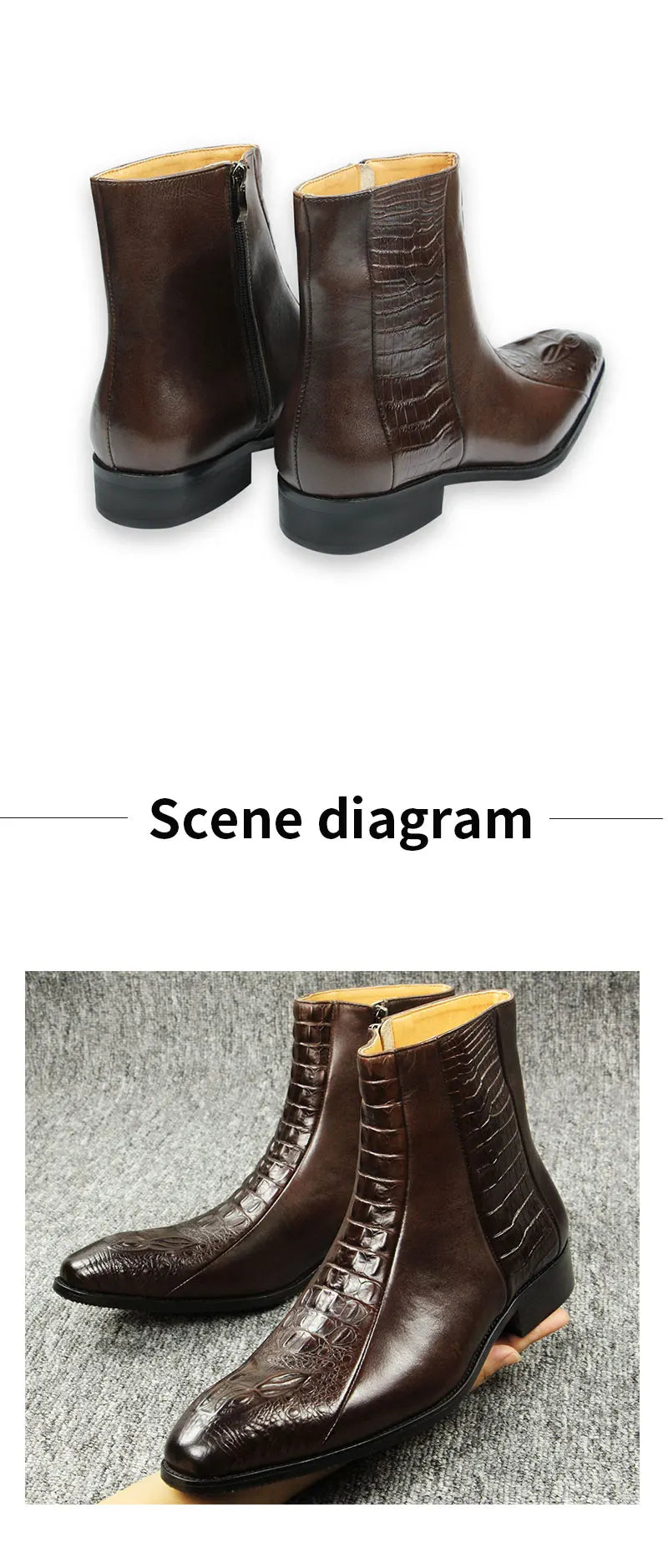 Genuine Leather Mens Boots Autumn Winter Vintage English Style Pointed Toe Work Boots Exquisite Crocodile Engraved Zipper Shoes