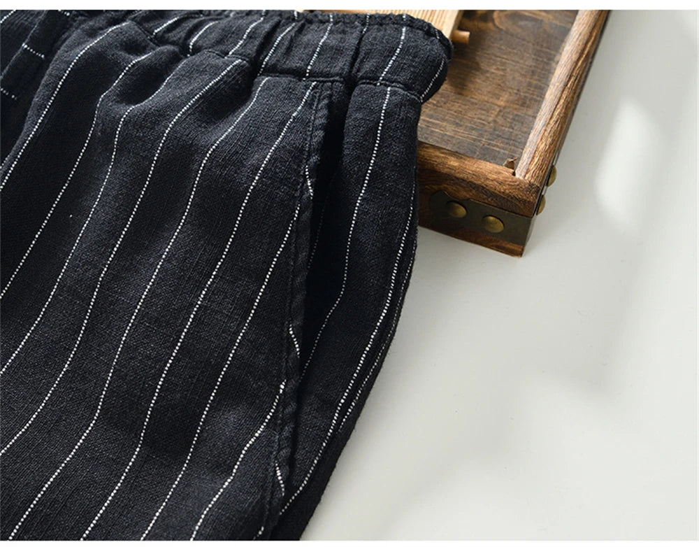 Summer cotton linen men's beach shorts loose fit breathable ramie striped straight daily causal pants for men