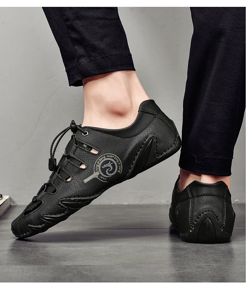 Men's slippers flat bottomed beach breathable genuine leather business casual non slip lightweight hollow out outdoors sandals