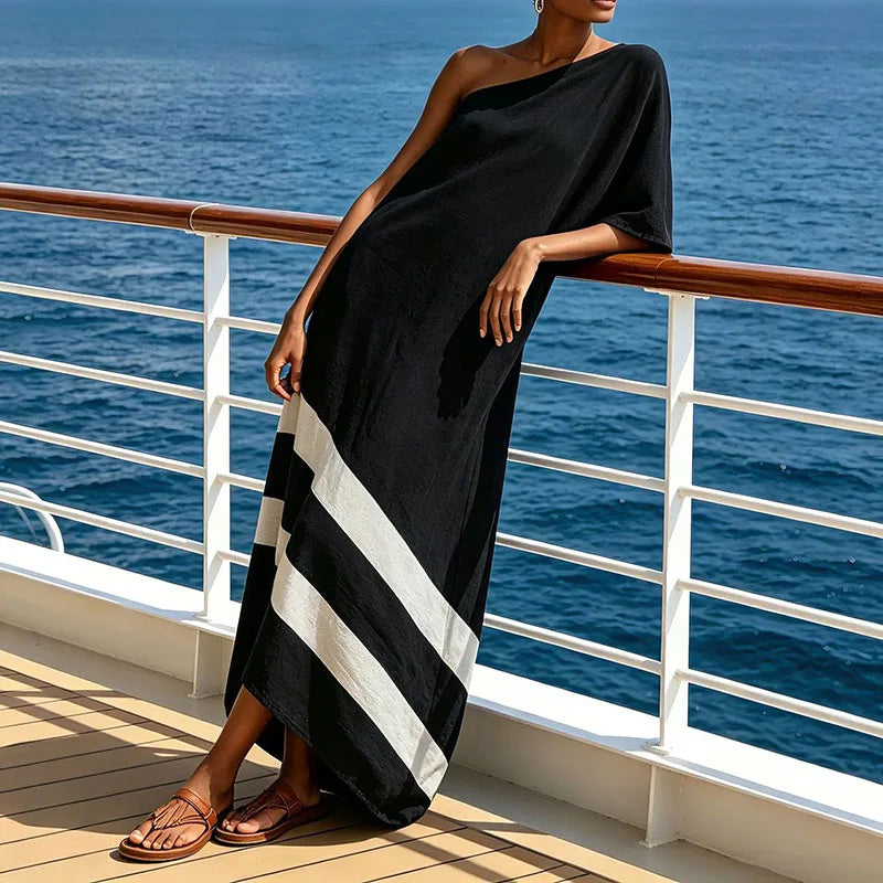 New Women One Shoulder Maxi Dress Short Batwing Sleeve Diagonal Stripe Print Asymmetric Hem Autumn Loose Boho Beach Travel Dress