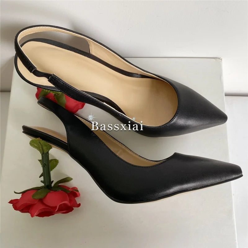 Unique Rose Flower Heel Women Pumps Genuine Leather Slingbacks Sexy Pointed Toe Dress Shoes For Girls