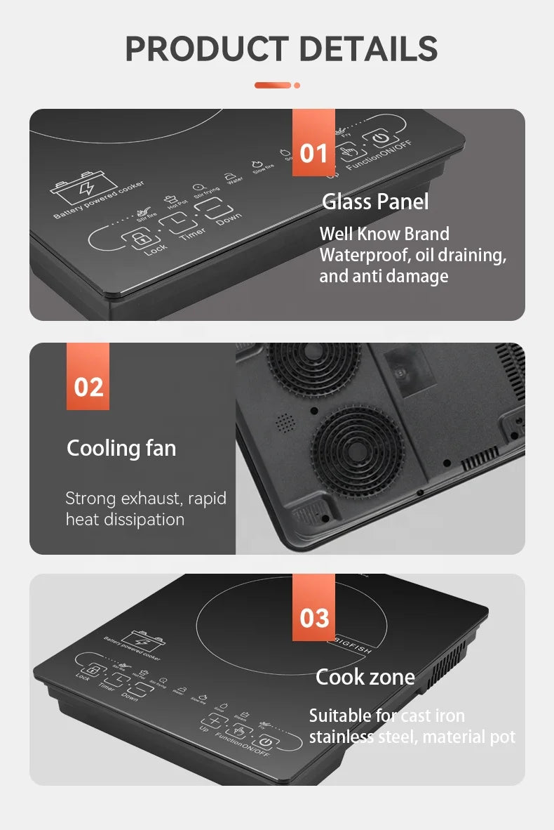 Solar Induction Stove Battery-Powered New Design for Indoor/Outdoor Use Inspired US Hotels Cars RVs DC 24V/48V