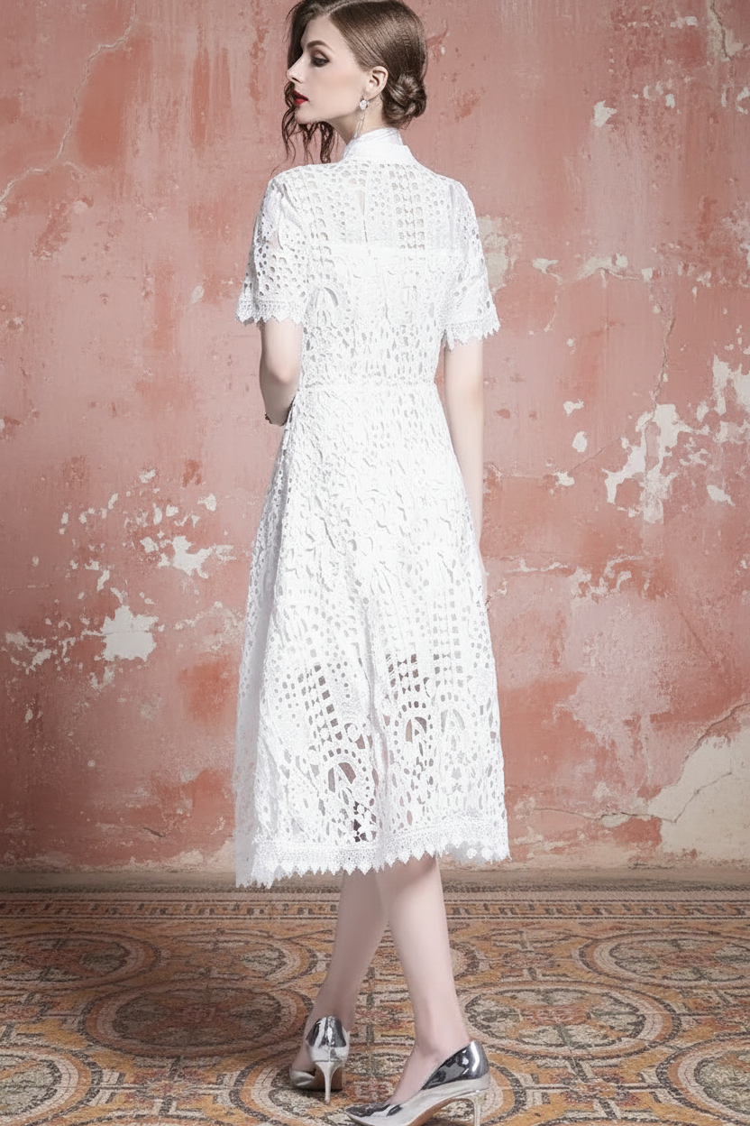 Summer Women Lace Sweet Sexy Dress Hollow Out Half High Collar Short Sleeve Single-breasted High Waist Slim Vintage Midi Dresses