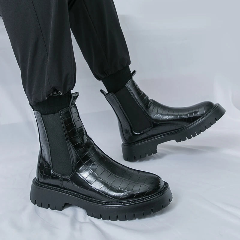 2025 Fashion Brand Men's Comfortable Fit Thick Soled Chimney Boots Autumn New High Top Chelsea Boots Plus Large Workwear Boots