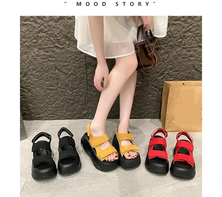 7CM High Platform Leather Sandals Women New Summer Breathable High Heels Ladies Beach Sneakers Wedges Chunky Slippers Sandalias