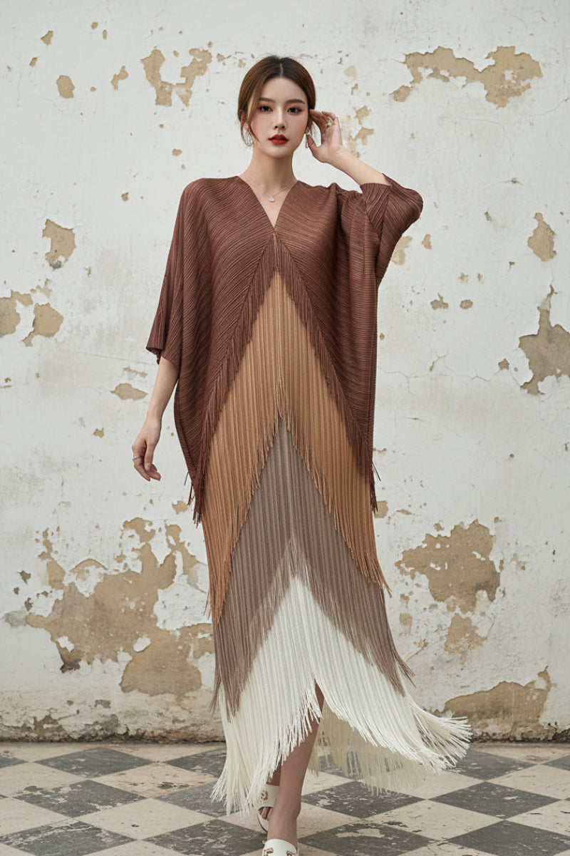 Fringe Pleated Dress Women's V-neck Bat Sleeve Splice Fashion Dress Women's 2026 Spring/Summer New