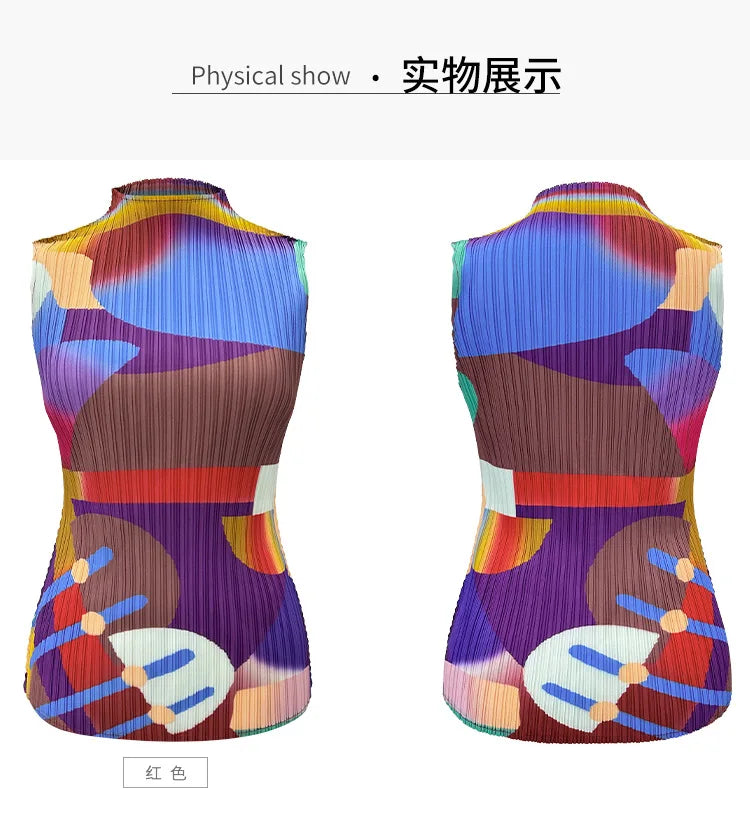 Miyake Pleated Geometric Playground Printed High-neck Sleeveless Top