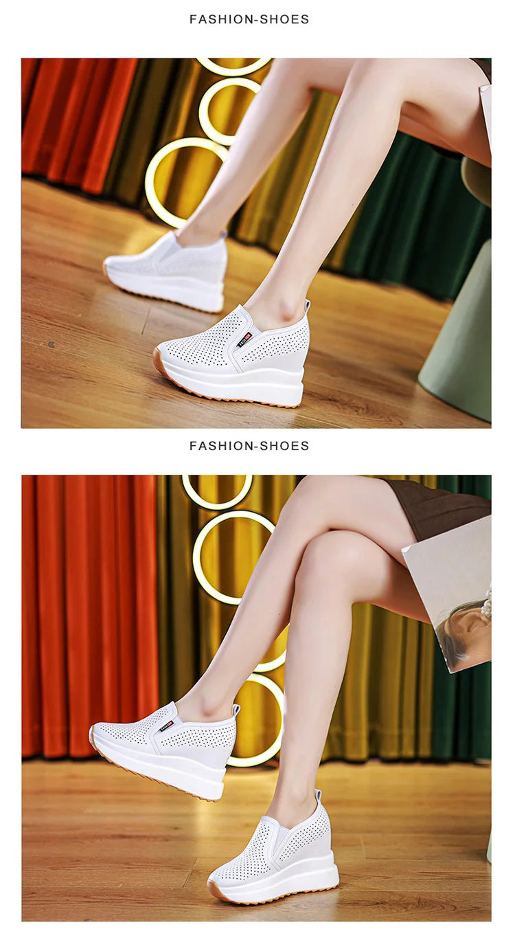 10cm Microfiber Platform Heel Wedge Shoe Sneakers Pumps White Platform Air Mesh Hollow Pumps Shoes Summer Women Zapatos de Mujer