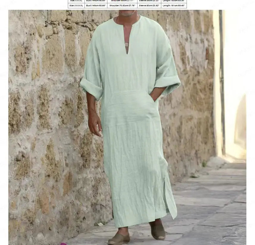 New 2026 Men Cotton Linen Long T-shirts Muslim Solid Casual Abayas Men Jubba Thobe Kaftan Arab Islamic V-neck Long Sleeve Robes