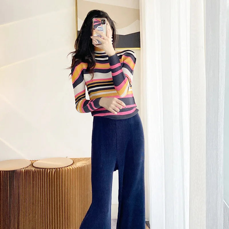Miyake Pleated Contrasting Colors T-shirt Women Half Turtleneck Skinny Pullover 2025 Summer Fashion Female Clothing