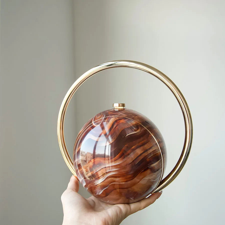 Fashion Marble Pattern Acrylic Round Evening Bag for Women Luxury Designer Metal Handle Lady Handbags Elegant Party Purses 2025