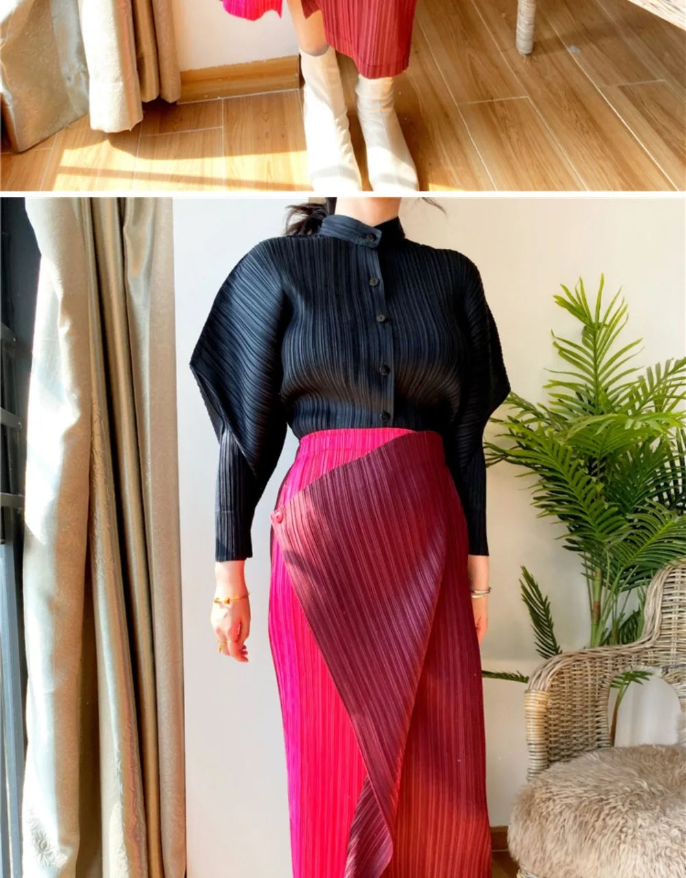 Miyake Pleated Skirt High Waist One Button Stitching Long Asymmetrical Skirt Two Piece Straight Korea Fashion Aesthetic Clothes