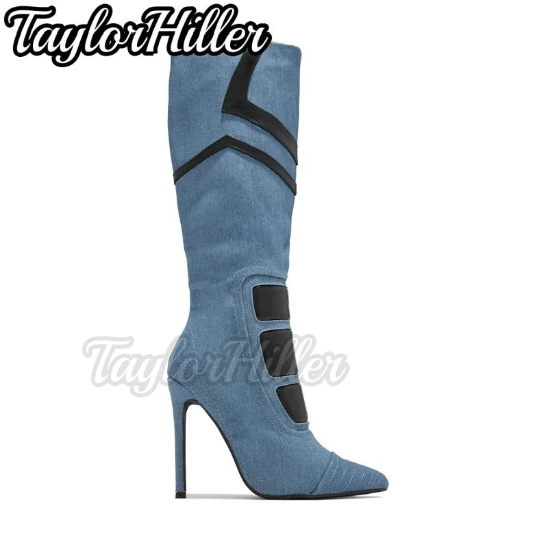 Black White Patchwork Boots Pointy Toe Stiletto High Heels Hollow Out Denim Botas Women Luxury Designer Shoes Sports Style 2026