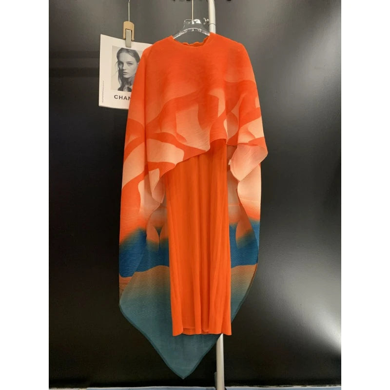Miyake Folded Fashionable and Elegant Women's Long Skirt, Temperament Skirt, Round Neck Printed Shawl, Two Piece Dress Set