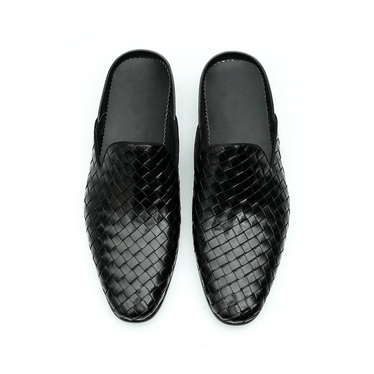 Mens Genuine Leather Slip On Sandals Summer Breathable Open Back Loafers No Heel Cowhide Weaving Slides