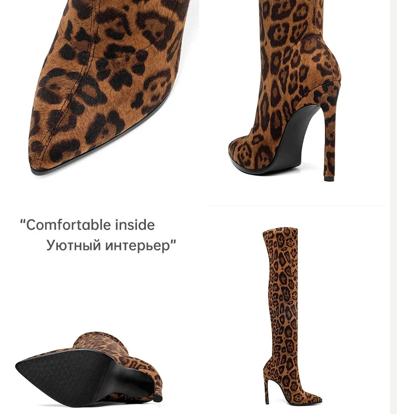 Sexy Glamourous Women Thigh High Boots Thin High Heeled Long Boots Leopard Print Snake Pointed Toe Over The Knee High Winter Bootie