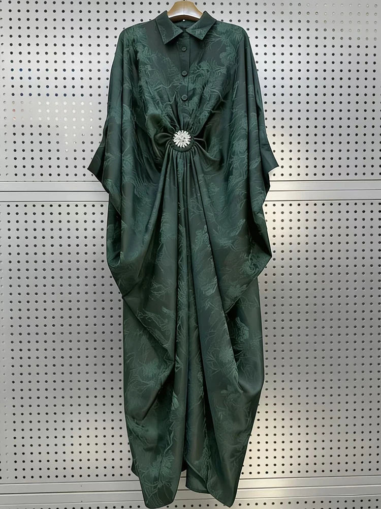 Retro tie dye printed diamond button pleated lapel pullover dress, fashionable loose plus size women's irregular shirt skirt