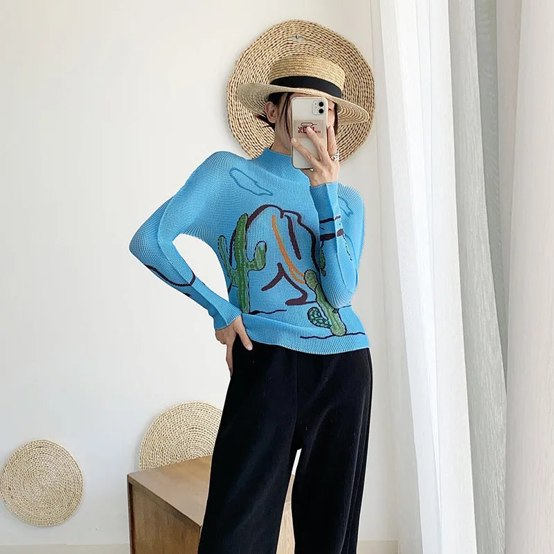 Miyake Pleated Contrasting Colors T-shirt Women Half Turtleneck Skinny Pullover 2025 Summer Fashion Female Clothing