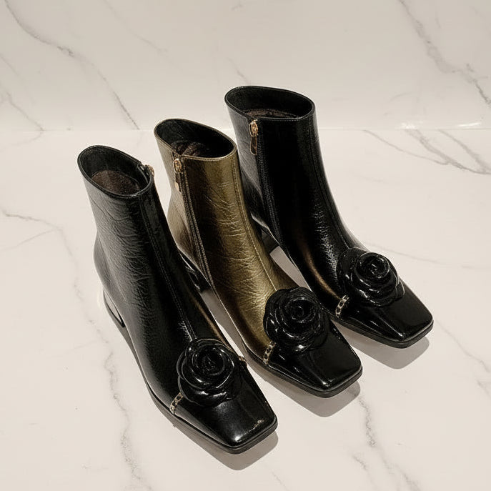 Genuine Leather Flower Metal Chain Short Boots Women Thick High Heels Young Ladies Mixed Color Boots Party Dating