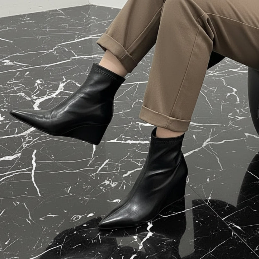 Autumn Winter Vintage Patent Leather Wedges Women Ankle Boots Fashion Pointed toe High heels Female Chelsea Short Boots Shoes
