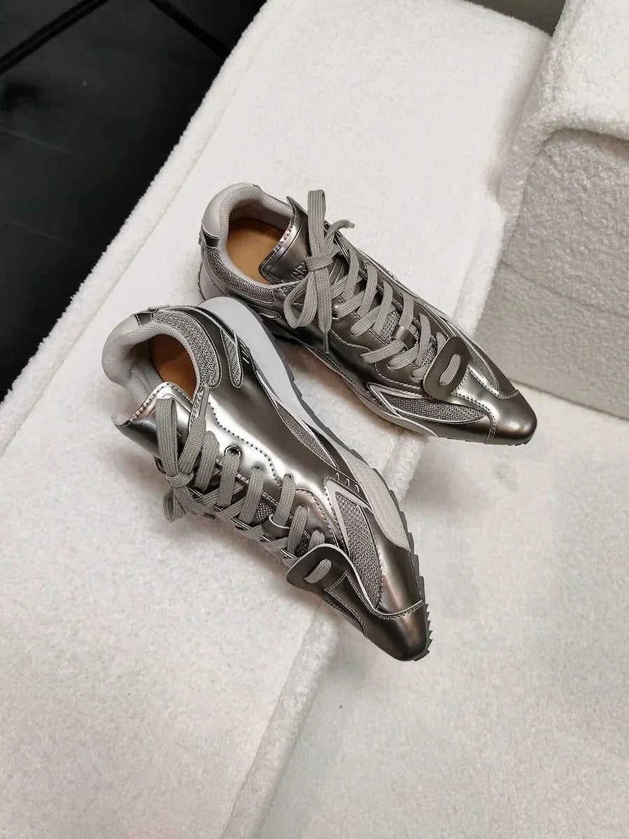 Trendy Pointed Toe Sport Shoes Heightening Gold And Silver Thread New Small Audience Design for Adult Women Summer Casual Shoes