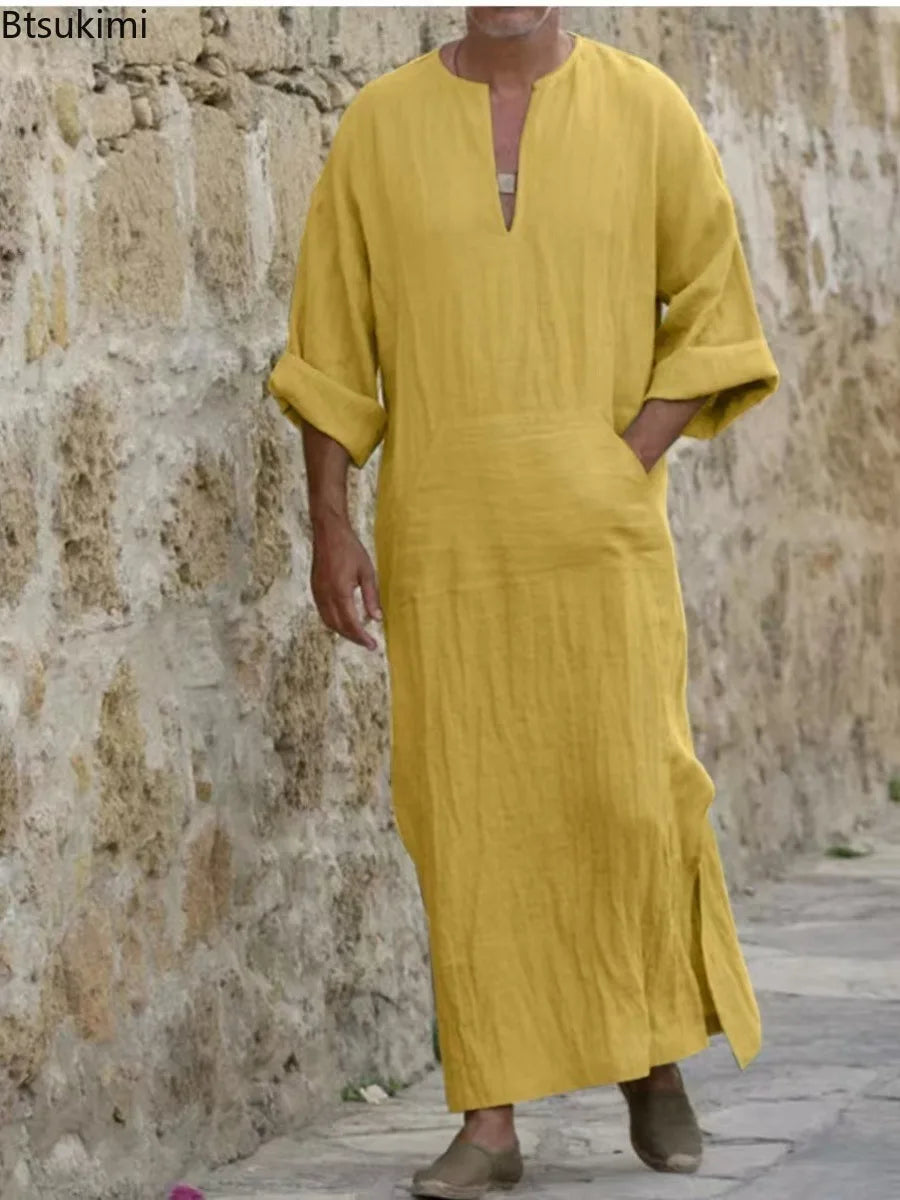 New 2026 Men Cotton Linen Long T-shirts Muslim Solid Casual Abayas Men Jubba Thobe Kaftan Arab Islamic V-neck Long Sleeve Robes