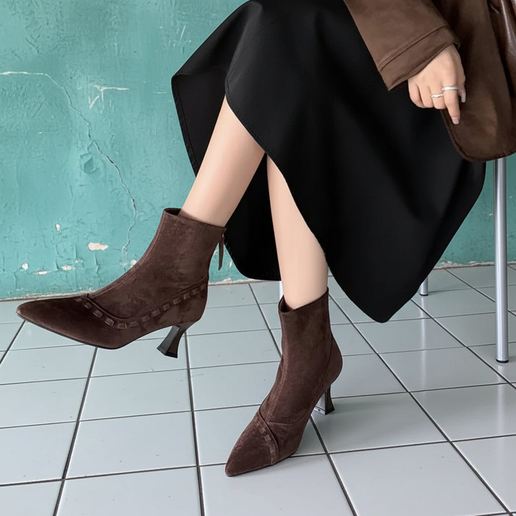Elegant  Short Boots Pointy Toe Thin High Heels Office Lady Shoes Dress Autumn Real leather Suede women's Retro Boots