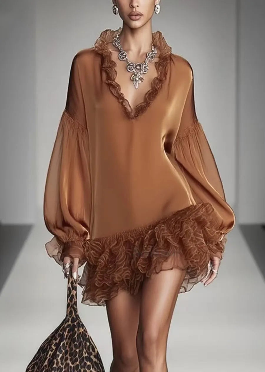 Women Satin Silk Mini Dress Ruffle Lace Trim Deep V Neck Lantern Long Sleeve Loose Dress Elegant Luxury Date Party Dresses