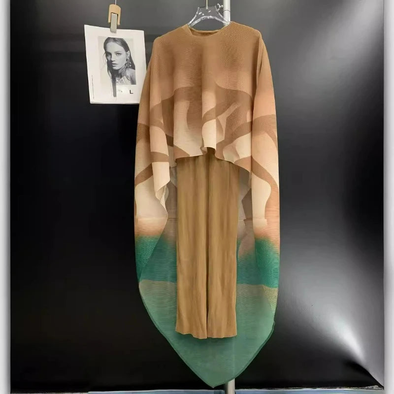 Miyake Folded Fashionable and Elegant Women's Long Skirt, Temperament Skirt, Round Neck Printed Shawl, Two Piece Dress Set