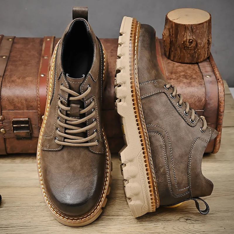 New Genuine Leather Men Boots Cow Leather Upper Durable Sole Lace up Autumn Winter Boots  Daily Leisure Outdoor Shoes For Man
