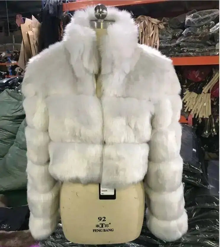 DEAT Fashion Women's Faux Fur Coat Stand Neck Long Sleeve Zipper Short Solid Color Thick Warm Jackets Winter 2024 New 7AB6434