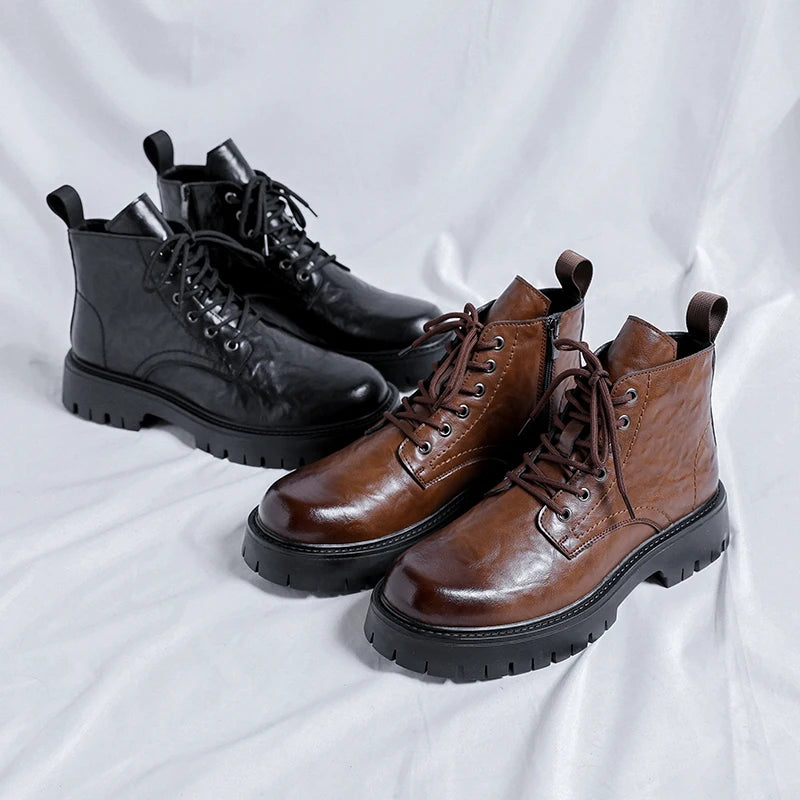 New Fashion Lace Up Casual Mens Boots Mens Thick Sole Ankle Boots Trendy Comfortable Mens Classic Black/Brown Motorcycle Boots