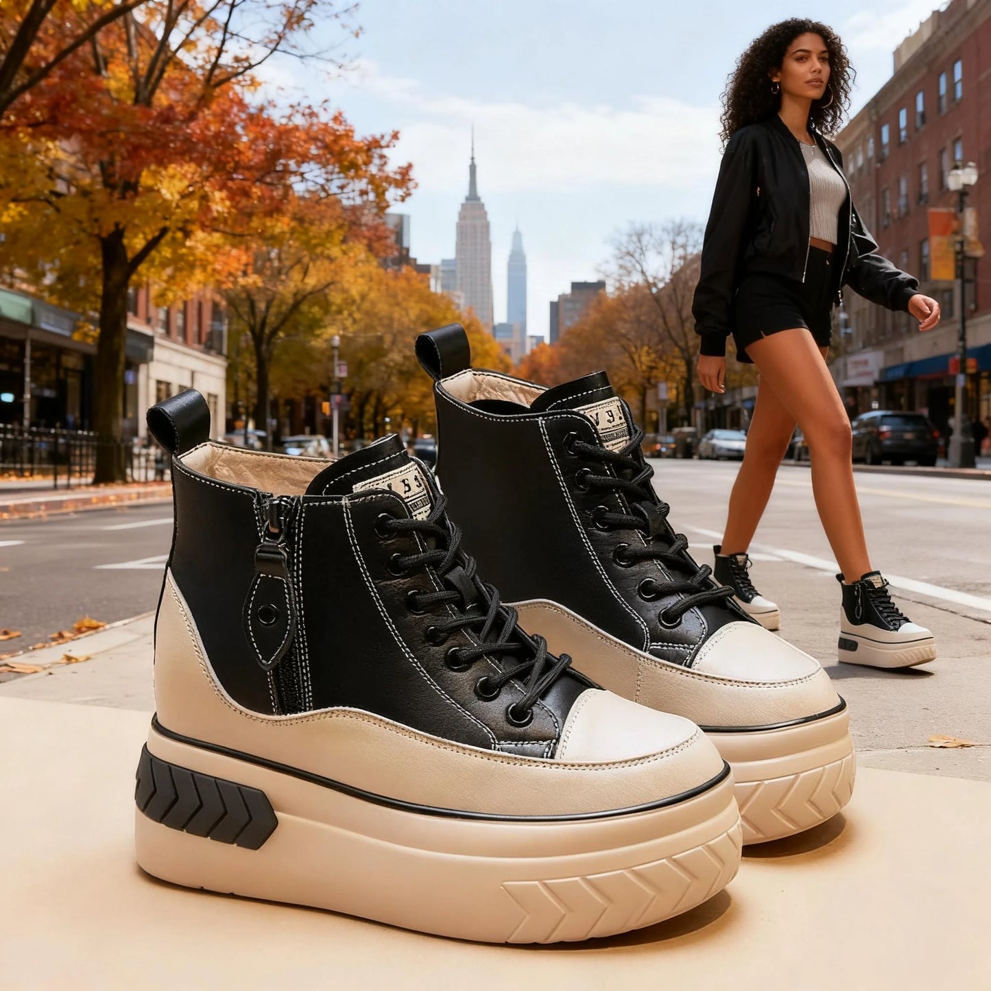 High Top Women Shoes Genuine Leather 8cm Platform Boots Ankle Wedge Hidden Heel Zip Autumn Warm Fur Winter Shoes Sneakers