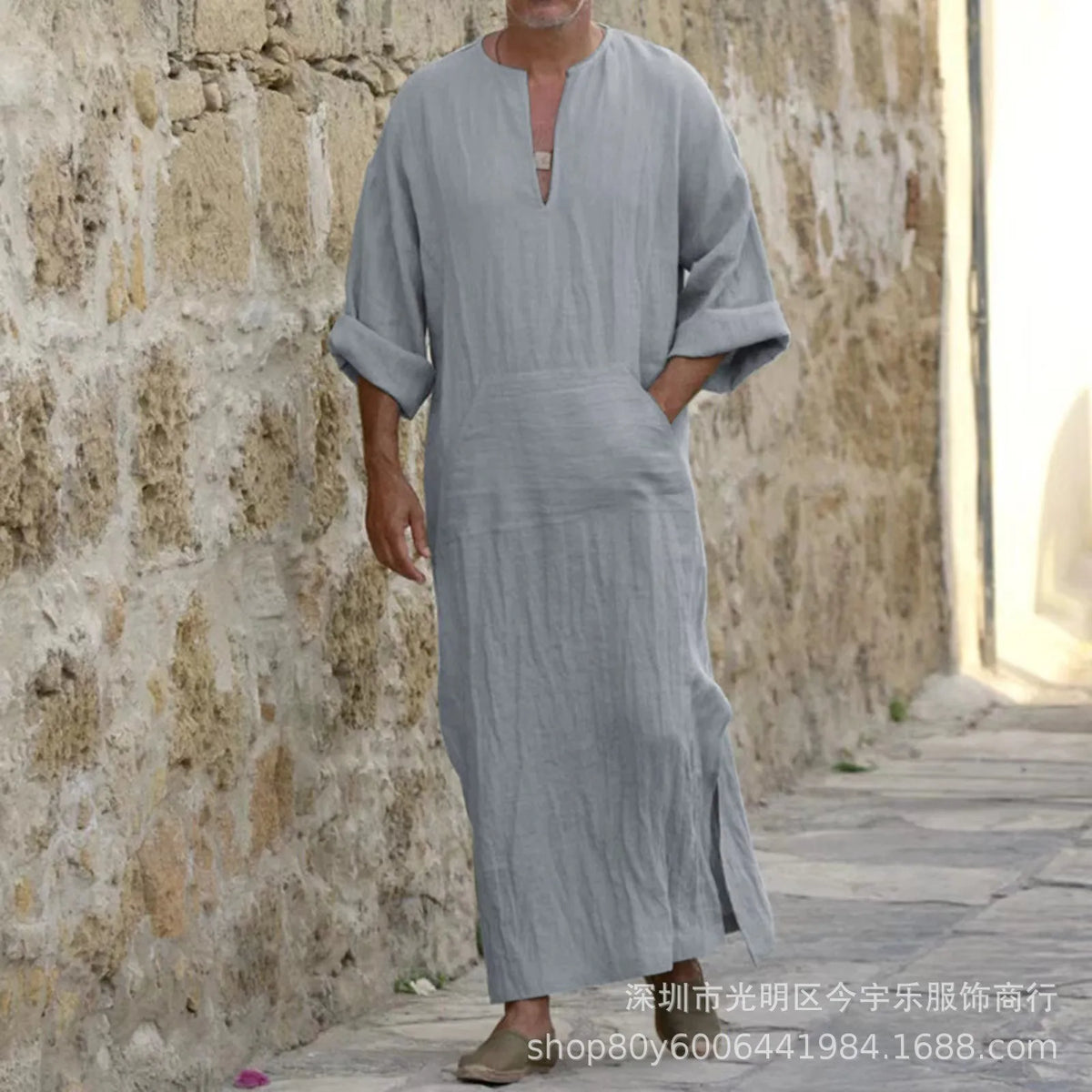 New 2026 Men Cotton Linen Long T-shirts Muslim Solid Casual Abayas Men Jubba Thobe Kaftan Arab Islamic V-neck Long Sleeve Robes
