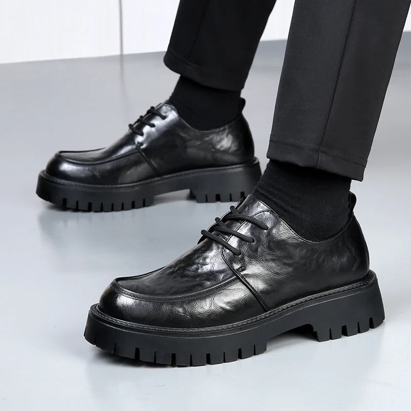 Men's Fashion Genuine Leather British Style Thick Bottom Work Shoes Classic Lace Up Comfortable Anti Slip Big Head Leather Shoes