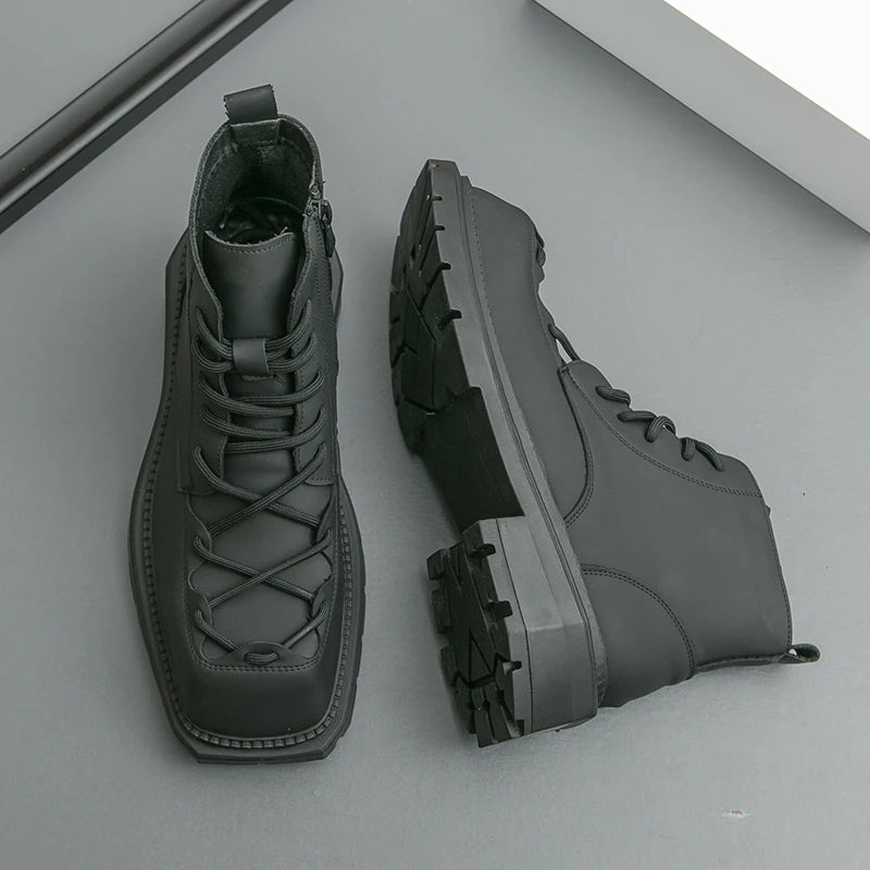 Autumn New Men Comfortable Lace Up Side Zipper High Top Leather Shoes Fashion Brand Round Toe Thick Soled Non Slip Outdoor Boots