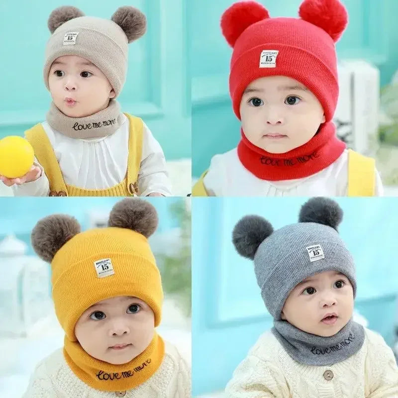 Autumn Winter Warm Baby Knitted Hats with Scarf Kids Knit Beanie Caps Solid Color Children's Hat Toddler Boys Girls Accessories