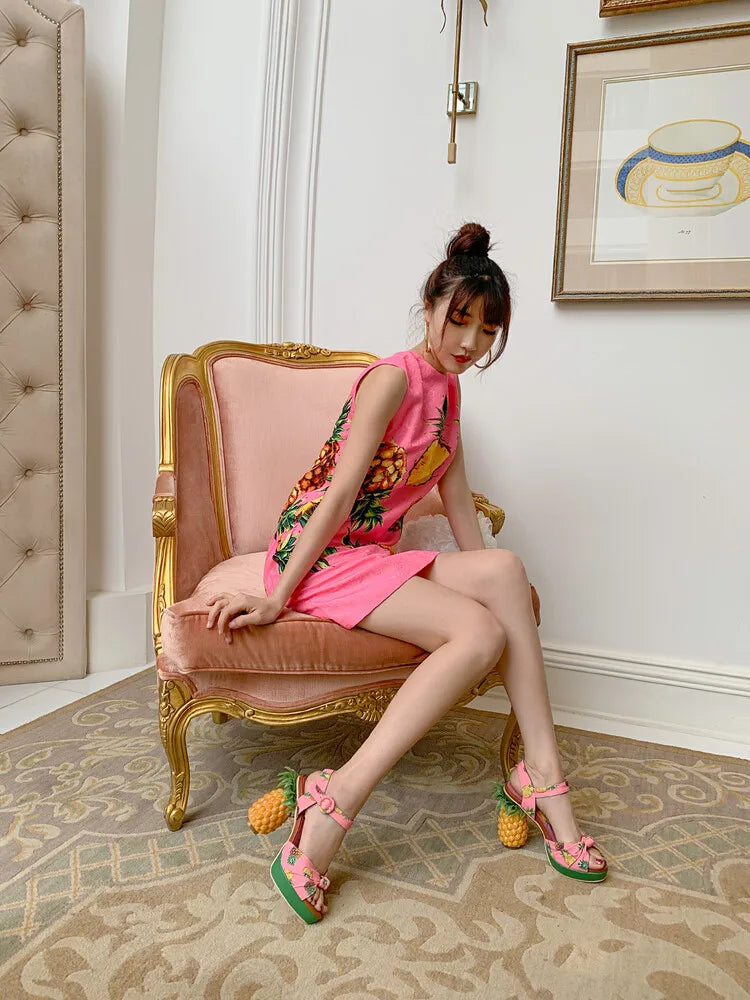 Sweet Lady Pineapple Heels High Heels Women's Thick Bottom Water Platform Printed Fabric Personalized Ultra High Heels Oversize