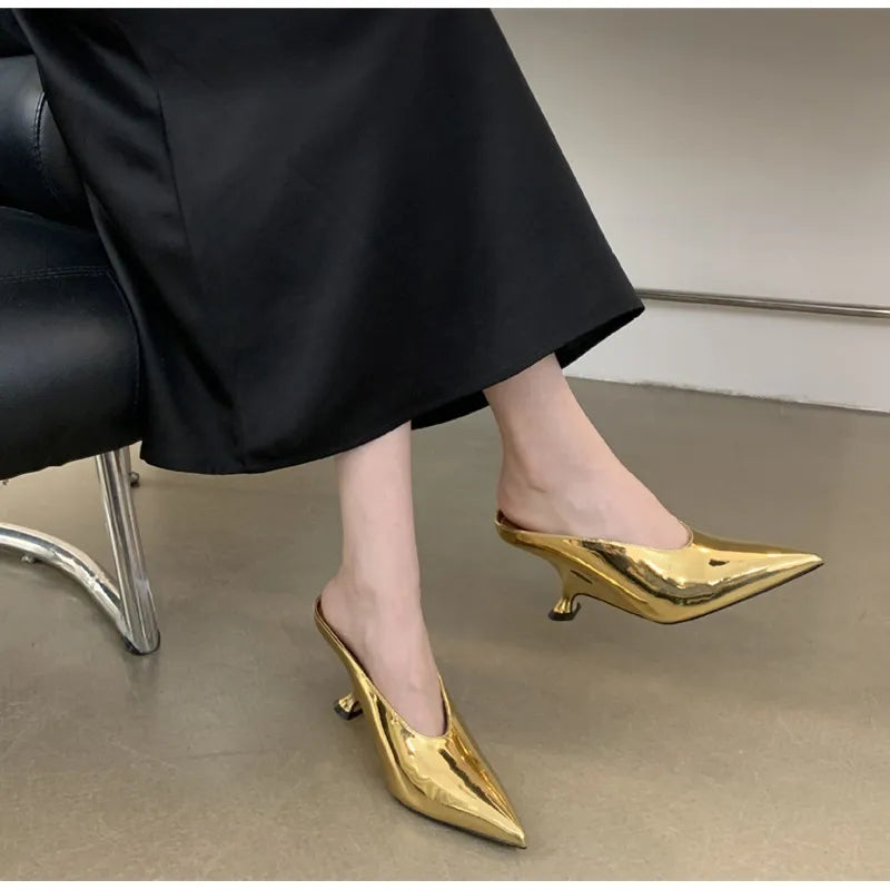 2024 New Design Fashion  Platform Wedges High Heels Mule Women Slippers Concise Shallow Pointed Toe Party Dress Ladies Shoes