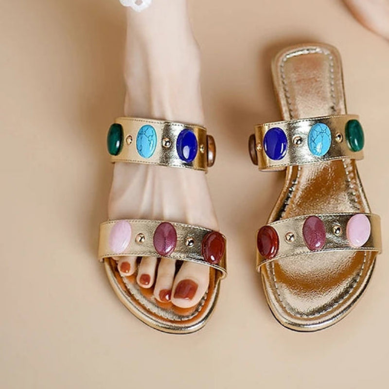 Dilalula Genuine Leather Bohemia Style Casual Slippers Women Peep Toe Low Heel Colorful Stone Decoration Slides Female Beach