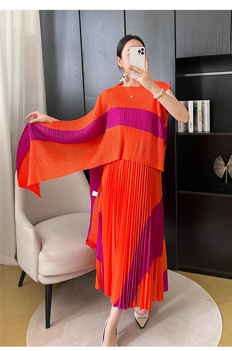 Miyake Pleated Two Piece Skirt Sets Women Sleeveless Irregular T-shirt Long Contrasting Color Skirt