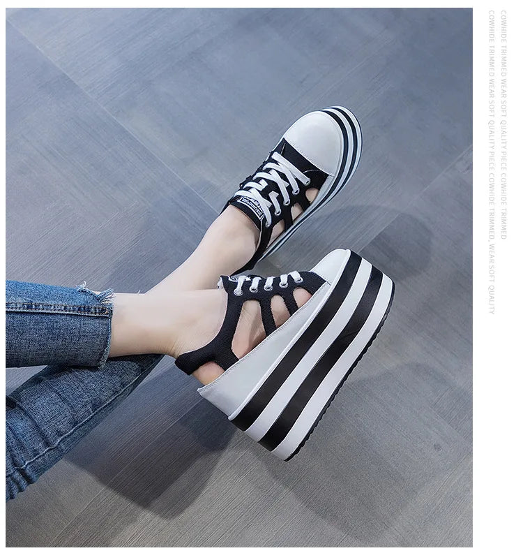 Fujin 12cm Platform Wedge Shoes Sandals for Women Sneakers Summer Shoes Hollow Cut Summer Sneakers Genuine Leather