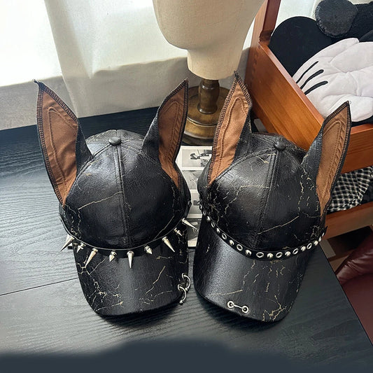 New Niche Punk Leather Rivet Dog Ears Baseball Caps Spring Autumn Men Women Personality Adjustable Trendy Sunshade Hip Hop Hats