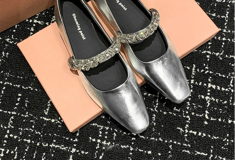 Ods Women Crystal Mules Flats Slippers Designer Sandals 2025 Dress Square-toe Leather Slides Summer Slingback Buckle De Mujer
