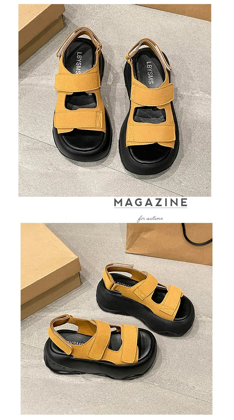 7CM High Platform Leather Sandals Women New Summer Breathable High Heels Ladies Beach Sneakers Wedges Chunky Slippers Sandalias
